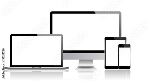Set of computer, laptop, tablet and phone in a flat vector style