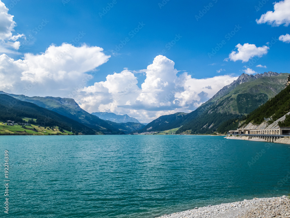 Beautiful view to Lago di Resia, Reschensee, Lake Reschen, Alto Adige, South Tyrol, Italy