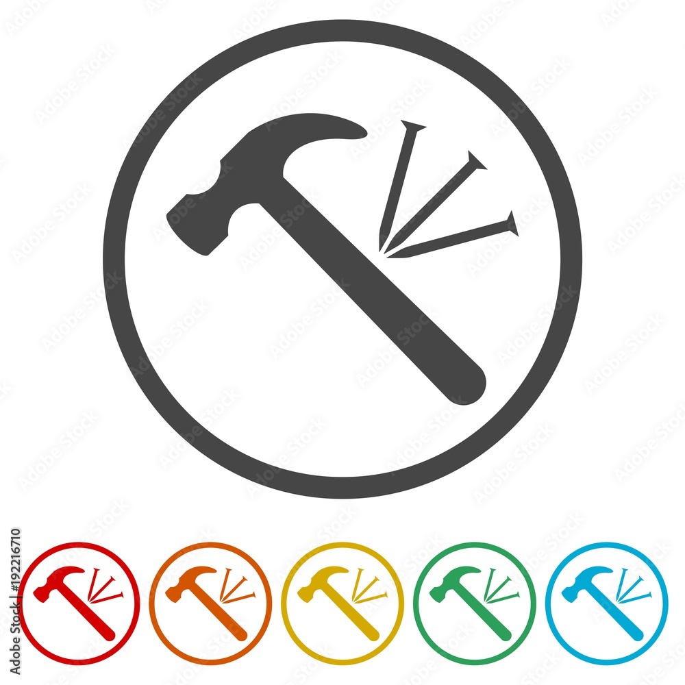 Hammer and nail icon, 6 Colors Included Hammer and nail icon, 6 Colors Included