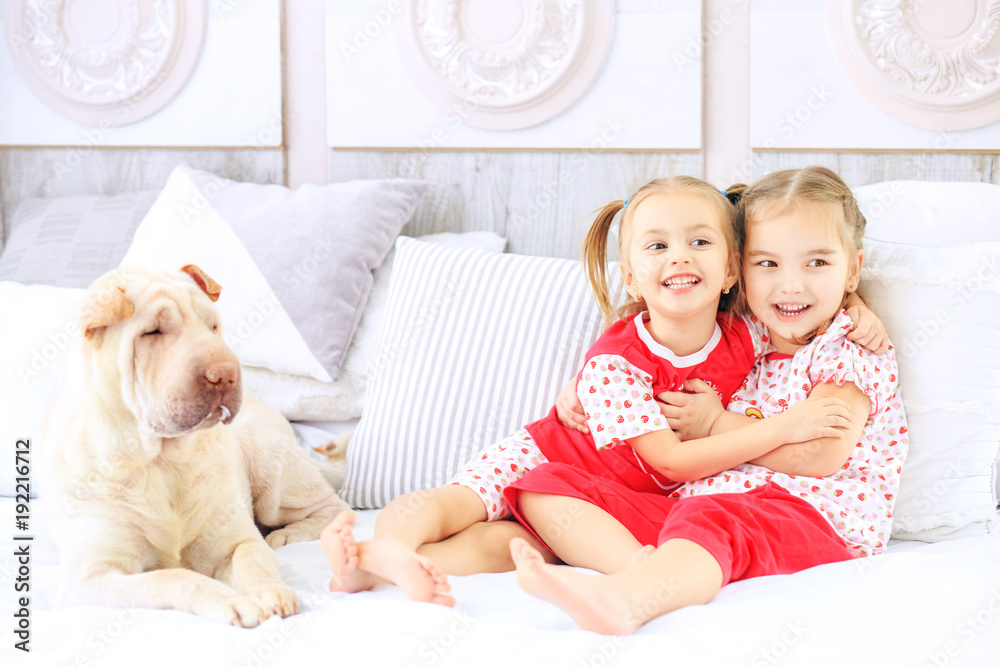 Two little children are hugging and laughing in pajamas. Dog. The concept of childhood, lifestyle, game. Two little children are hugging and laughing in pajamas. Dog. The concept of childhood, lifestyle, game.