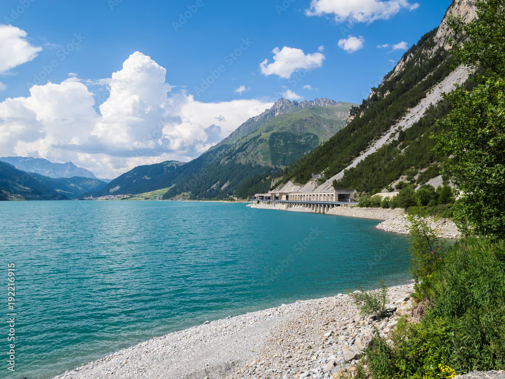 Beautiful view to Lago di Resia, Reschensee, Lake Reschen, Alto Adige, South Tyrol, Italy