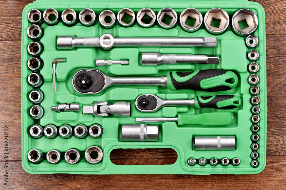 Set of tools in box closeup.View from above. Set of tools in box closeup.View from above.