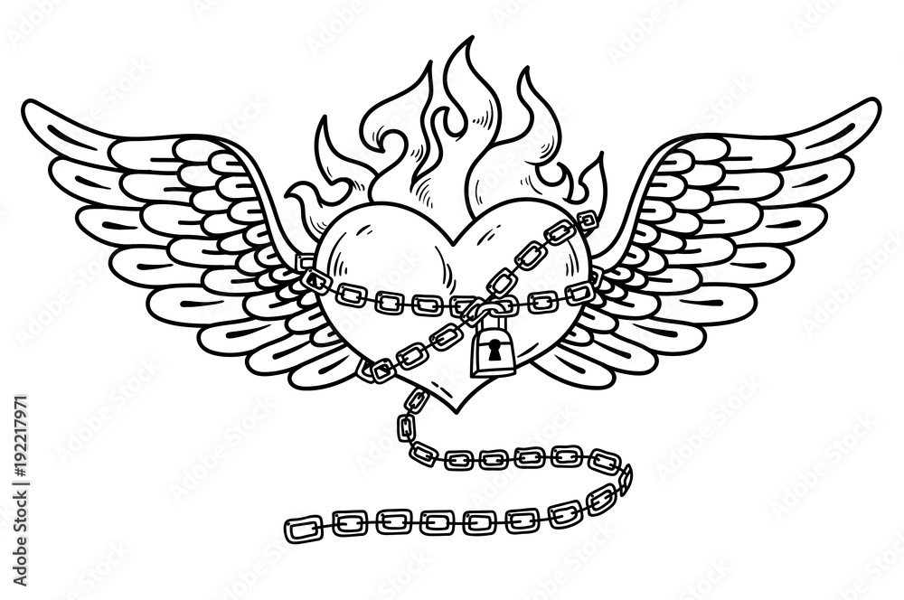 Vecteur Stock Flying heart in chain of love.Flaming heart tattoo | Adobe  Stock