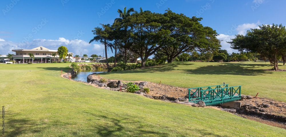 A beautiful tropical golf course fairway with water hazard