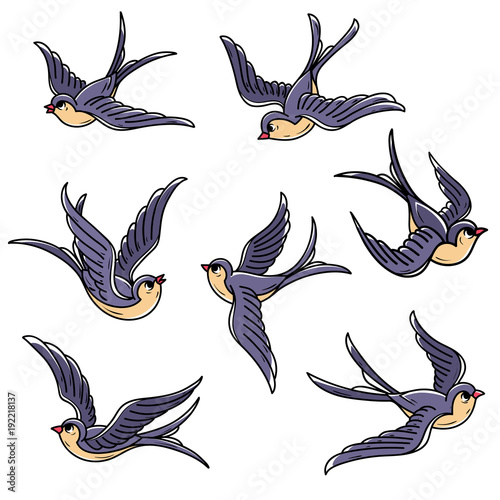 Set of flying swallows. Free birds. Symbol of hope, luck, early return home