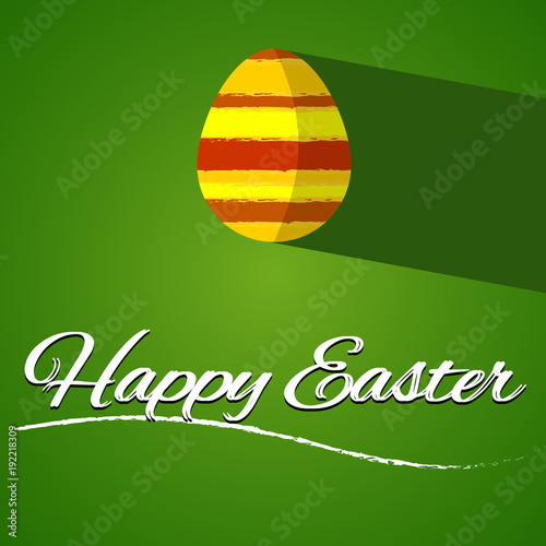 Happy easter greetings card. Simple clean and flat design. Orange easter egg placed on the green background. EPS10 vector.