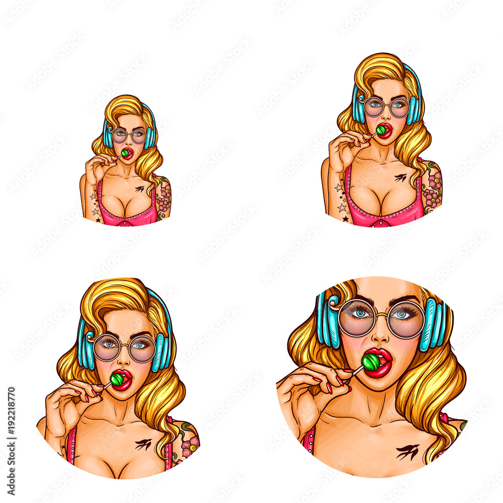 Vector set of female round avatars for users of social networks, blogs,  profile icons in pop art style. Flirting sexy woman with big breast,  tattooed blonde girl in headphones sucks lollipop Stock