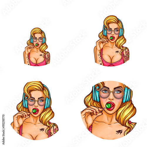 Vector set of female round avatars for users of social networks, blogs, profile icons in pop art style. Flirting sexy woman with big breast, tattooed blonde girl in headphones sucks lollipop