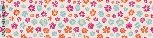 Spring background - panoramic header with hand drawn flowers. Seamless texture. Vector.