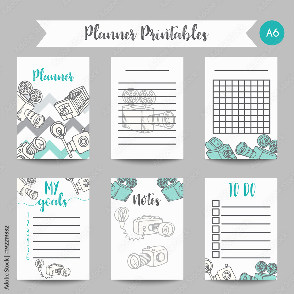 Calendar Daily and Weekly Planner Template. Note Paper and Stickers Set  with hand drawn retro photo cameras, vector illustration. Photo and video  theme design. Diary for blogger, photographer Stock Vector | Adobe