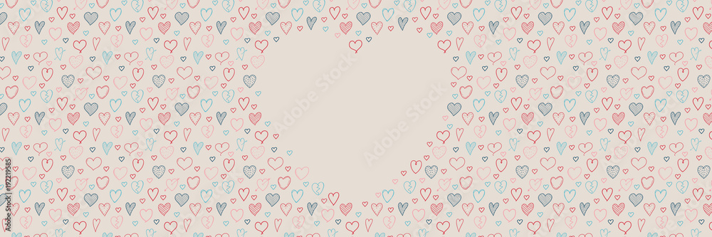 Concept of a banner with cute hand dtawn hearts and copyspace. Vector.