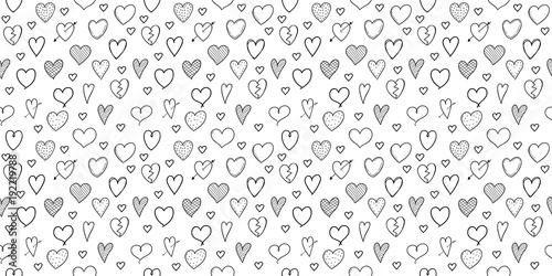 Seamless pattern with hand drawn hearts - concept of a wrapping paper. Vector.