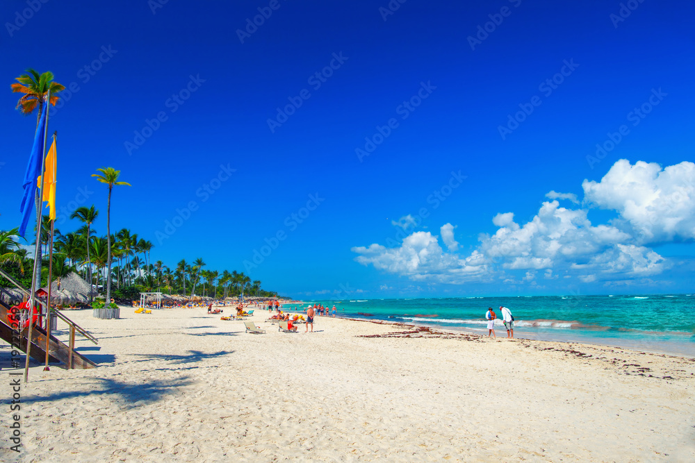 Sunny beach, white sand. Dominican Republic, Bavaro coast beach
