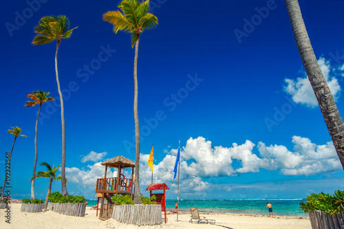 Sunny beach, white sand. Dominican Republic, Bavaro coast beach
