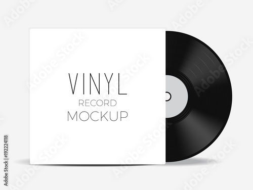 Realistic empty music gramophone vinyl LP record with cover. Design template of retro long play for advertising, branding, mockup. Vector illustration.