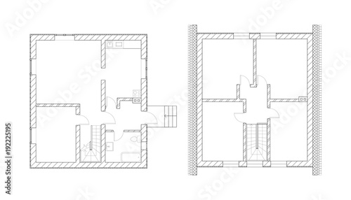 Black and White floor plans of a modern suburban house. Vector interior design. Architectural blueprint.