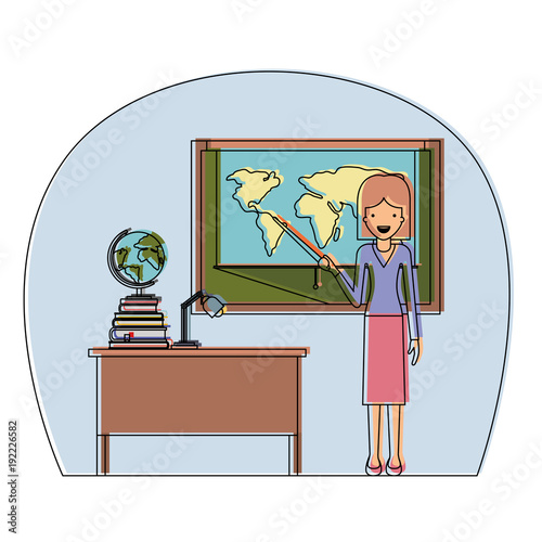 female teacher in geography class with pile books vector illustration design