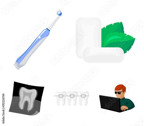 Mint chewing gum with mint leaves, toothbrush with bristles, bregettes with teeth, X-ray of the tooth. Dental care set collection icons in cartoon style vector symbol stock illustration web.