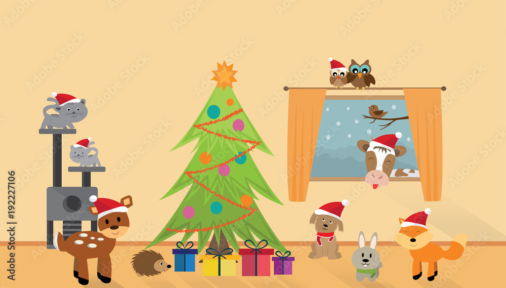 Many happy animals with Christmas tree
