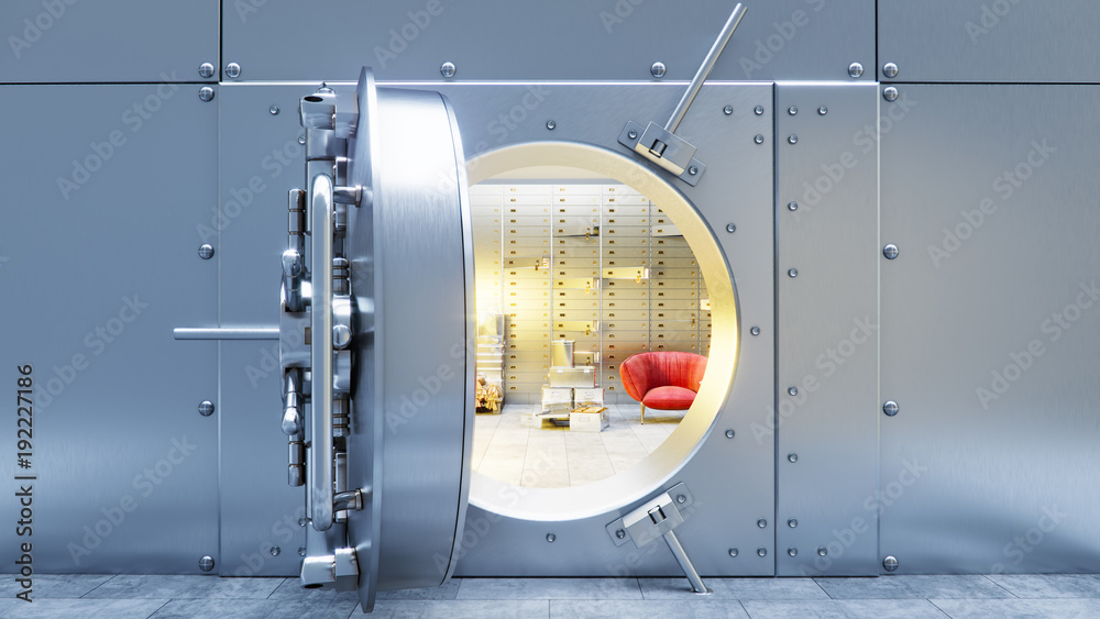 open bank safe door with dollars bills and gold inside 3d illustration - obrazy, fototapety, plakaty 