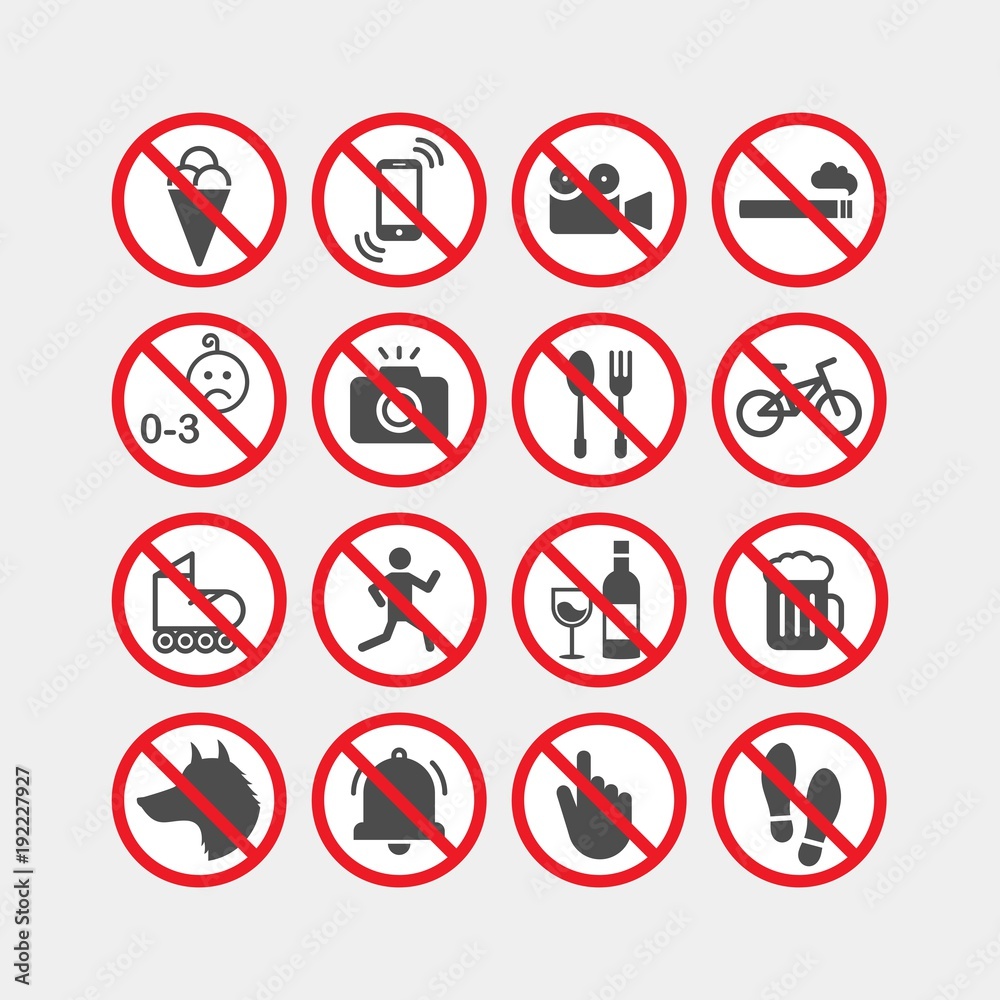 Prohibiting vector signs. Prohibiting flat vector icons set Prohibiting vector signs. Prohibiting flat vector icons set