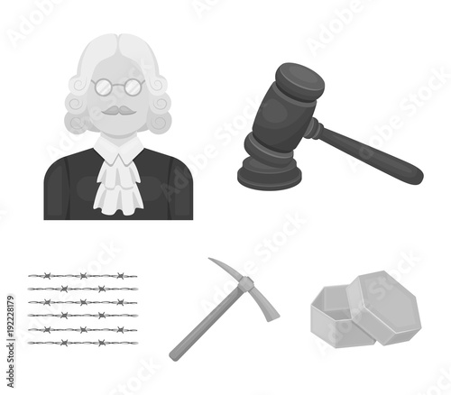 Judge, wooden hammer, barbed wire, pickaxe. Prison set collection icons in monochrome style vector symbol stock illustration web.