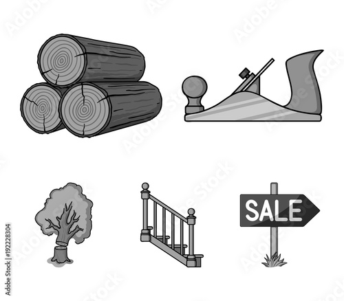 Logs in a stack, plane, tree, ladder with handrails. Sawmill and timber set collection icons in monochrome style vector symbol stock illustration web.