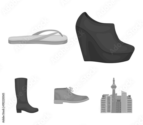 Autumn black shoes on a high platform, flip-flops green for relaxation, sandy men's autumn shoes, high brown boots. Shoes set collection icons in monochrome style vector symbol stock illustration web.