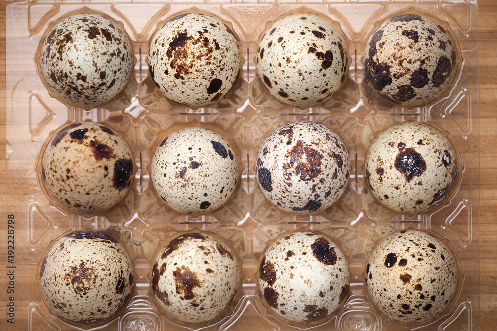 Quail Eggs in Plastic Container on Wood Background
