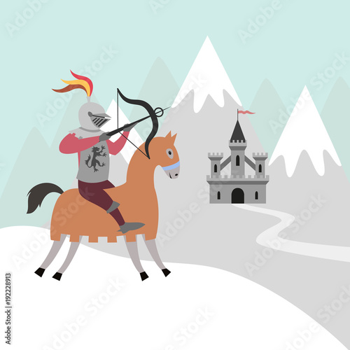 Cartoon knight on horseback and medieval castle on snow mountain.
