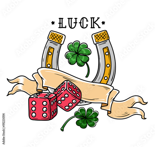 Tattoo horseshoe with dice, ribbon and shamrock clover. Good Luck tattoo. Symbol of luck in gambling and life.
