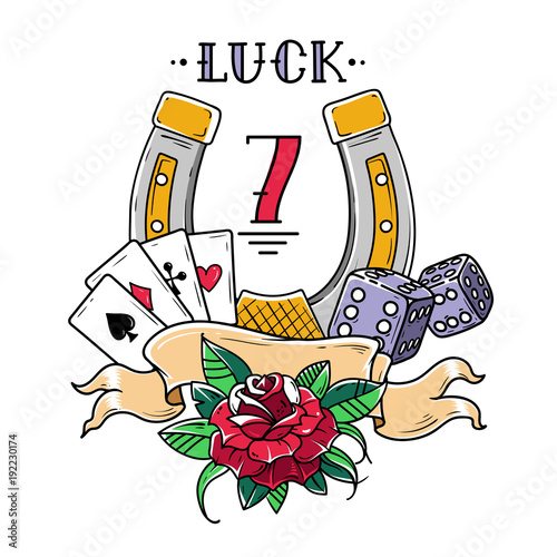 Tattoo horseshoe with playing cards, dice, rose and fatal number 13. Good Luck tattoo. Symbol of luck in gambling