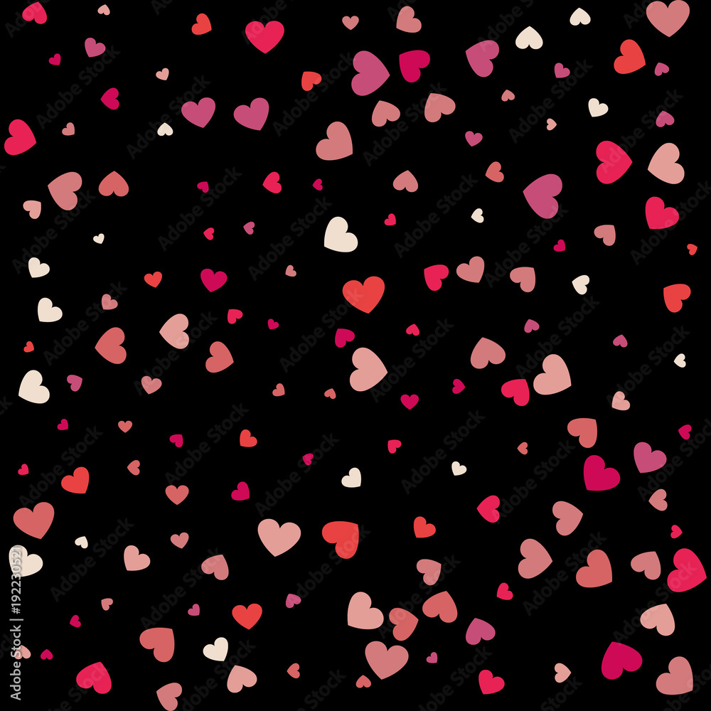 Heart confetti of Valentines petals falling on black background. Flower petal in shape of heart confetti for Women's Day Heart confetti of Valentines petals falling on black background. Flower petal in shape of heart confetti for Women's Day