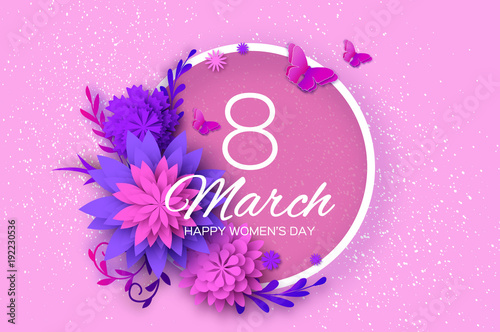 Ultra Violet Pink Paper Cut Flower. Fly Butterfly. 8 March. Womens Day Greetings card. Origami Floral bouquet. Circle frame. Text. Spring Seasonal Holidays on pink. Happy Mothers Day.
