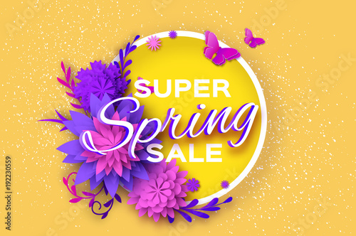 Origami violet Super Spring Sale Flowers Banner. Butterfly. Paper cut Floral card. Spring blossom. Happy Womens Day. 8 March. Text. Seasonal holiday on yellow. Flyer, voucher discount.