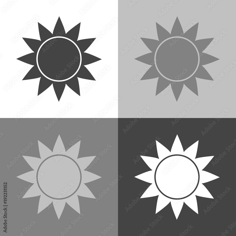 Vector image of the sun. Sunny weather. Vector weather forecast icon set on white-grey-black color Vector image of the sun. Sunny weather. Vector weather forecast icon set on white-grey-black color