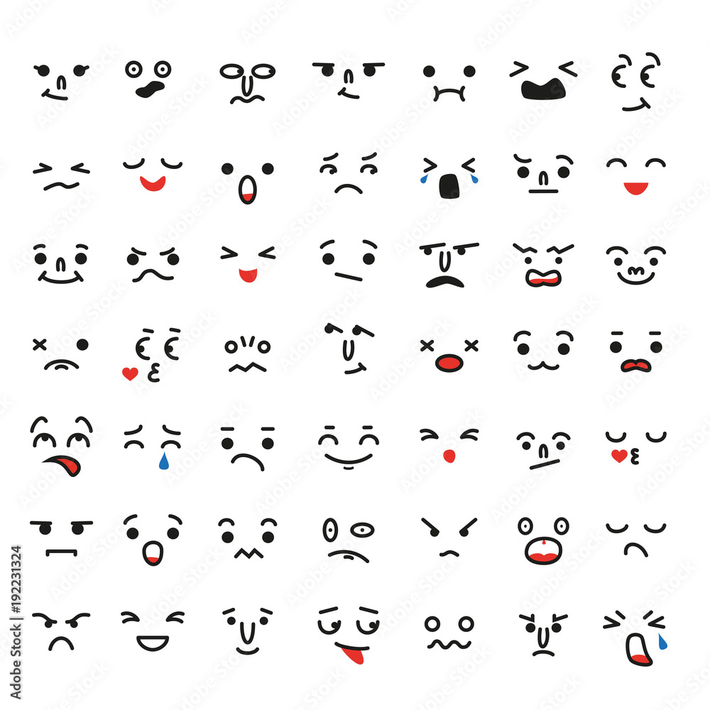 Fototapeta premium Set of cartoon kawaii faces, different emotions.