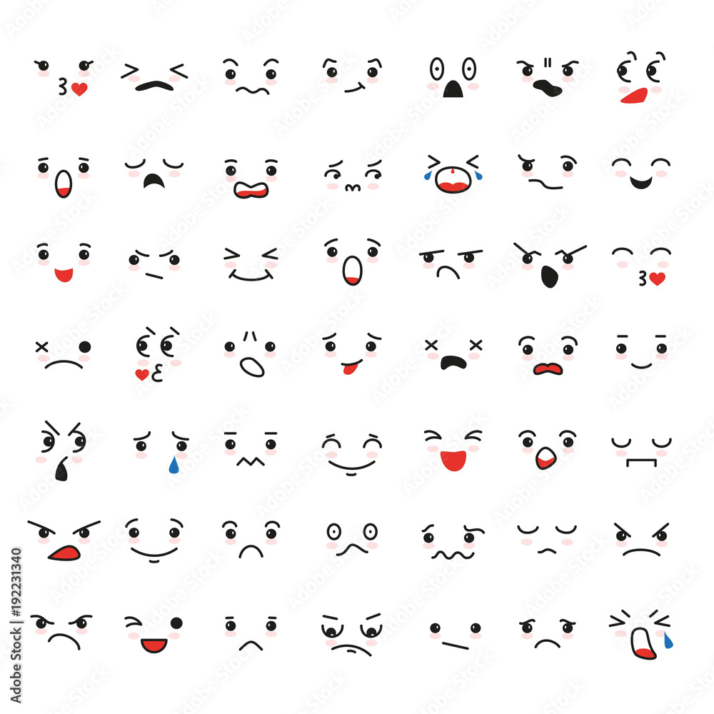 Set of cartoon kawaii faces, different emotions. Set of cartoon kawaii faces, different emotions.