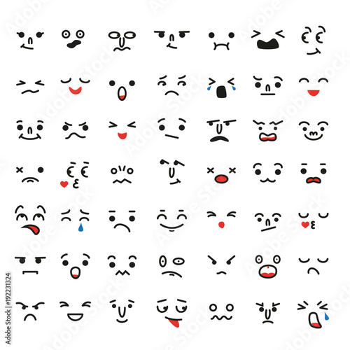 Set of cartoon kawaii faces, different emotions.