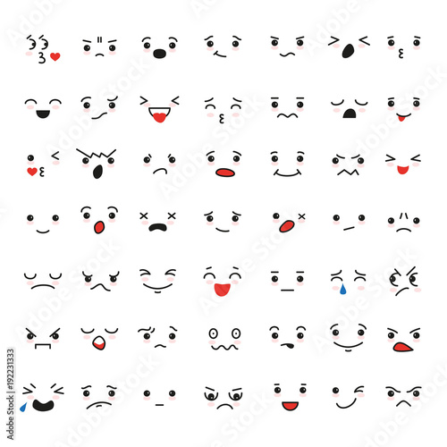 Set of cartoon kawaii faces  different emotions.