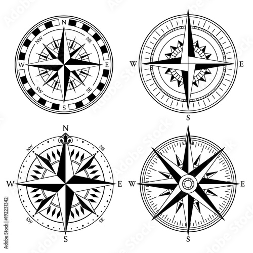 Wind rose retro design vector collection. Vintage nautical or marine wind rose and compass icons set, for travel, navigation design