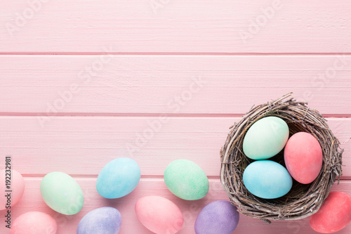 Pastel Easter eggs background. Spring greating card. photo