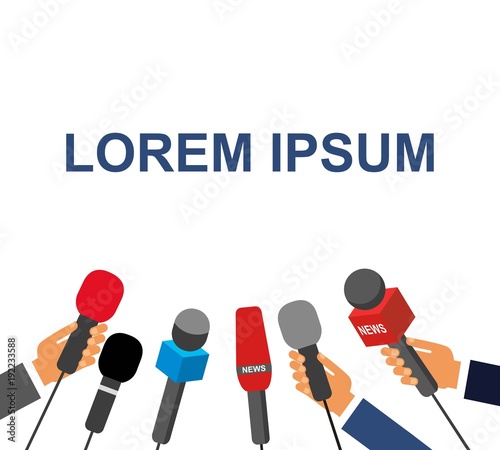 Hands holding a microphone, press conference, vector illustration. Hand holding microphone. interview