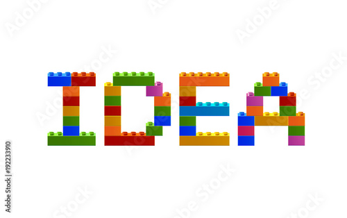 Word IDEA from the blocks of the constructor. A word from the constructor. Multicolored words with blocks of the constructor. Words with toy blocks of the constructor. Plastic building blocks