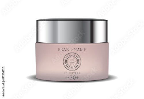 Face Cream Brown Beige Jar. Realistic blank cosmetics container for skin care essence. Facial cream box isolated on white background. Vector.