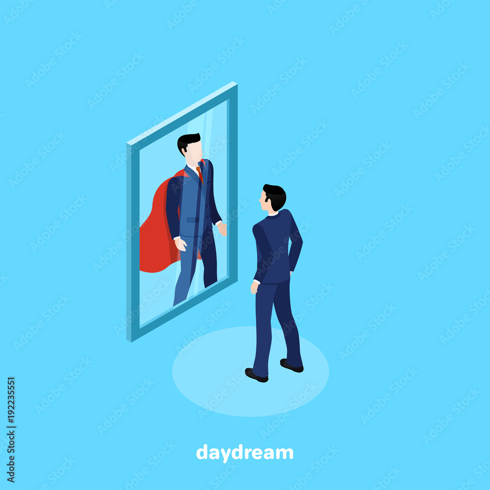 a man in a business suit looks in the mirror and sees there a superhero, an isometric image