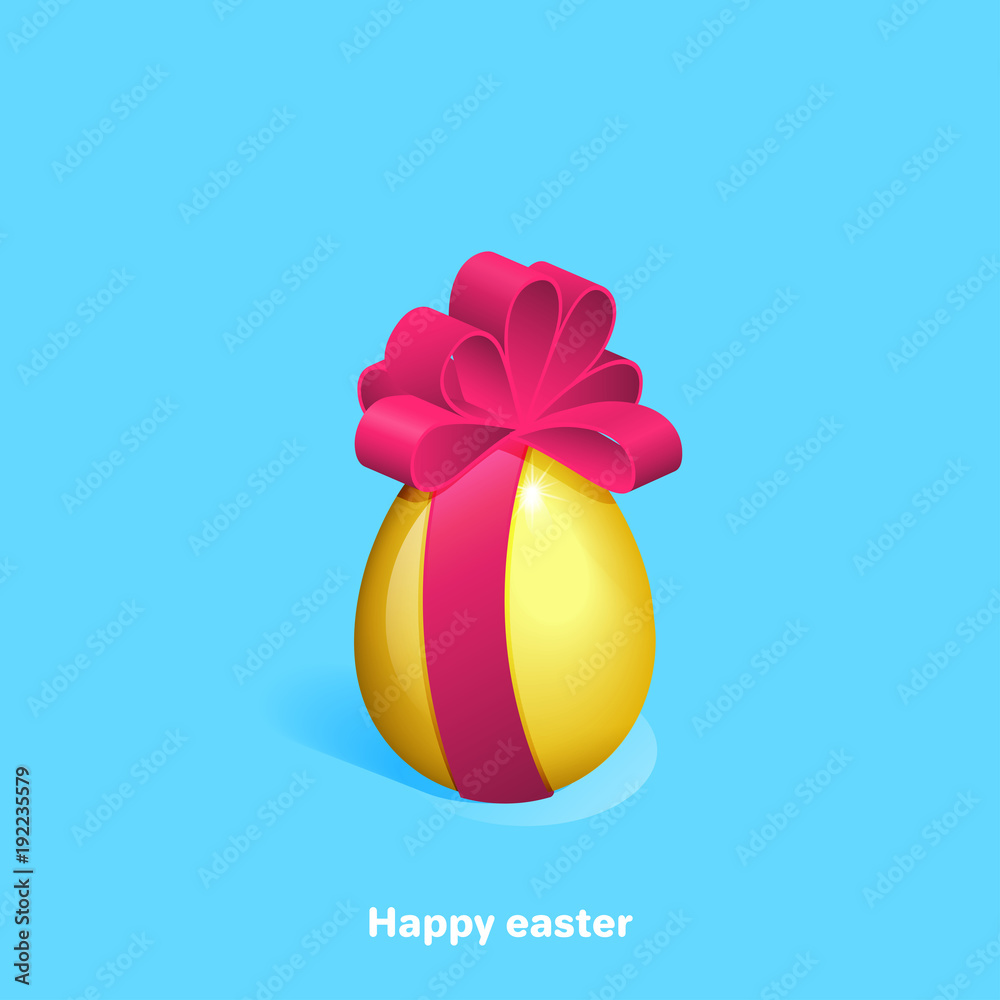 golden easter egg with a big pink bow on a blue background, isometric image golden easter egg with a big pink bow on a blue background, isometric image
