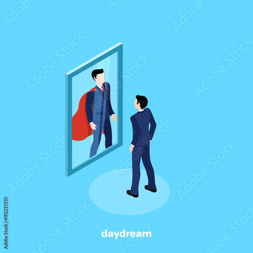a man in a business suit looks in the mirror and sees there a superhero, an isometric image