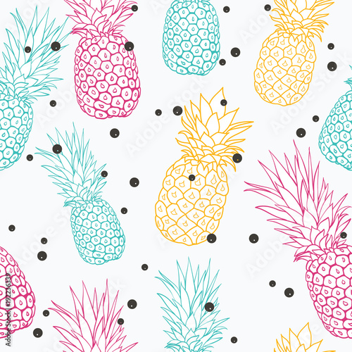 Vector pineapple polka dot summer colorful tropical seamless pattern backgrou...