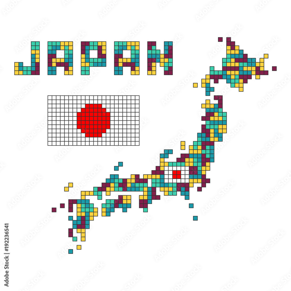 Japan country map with flag stylized retro game tetris. Dotted Silhouette isolated on white background. Pixel art. Color dot pattern Japan country map with flag stylized retro game tetris. Dotted Silhouette isolated on white background. Pixel art. Color dot pattern